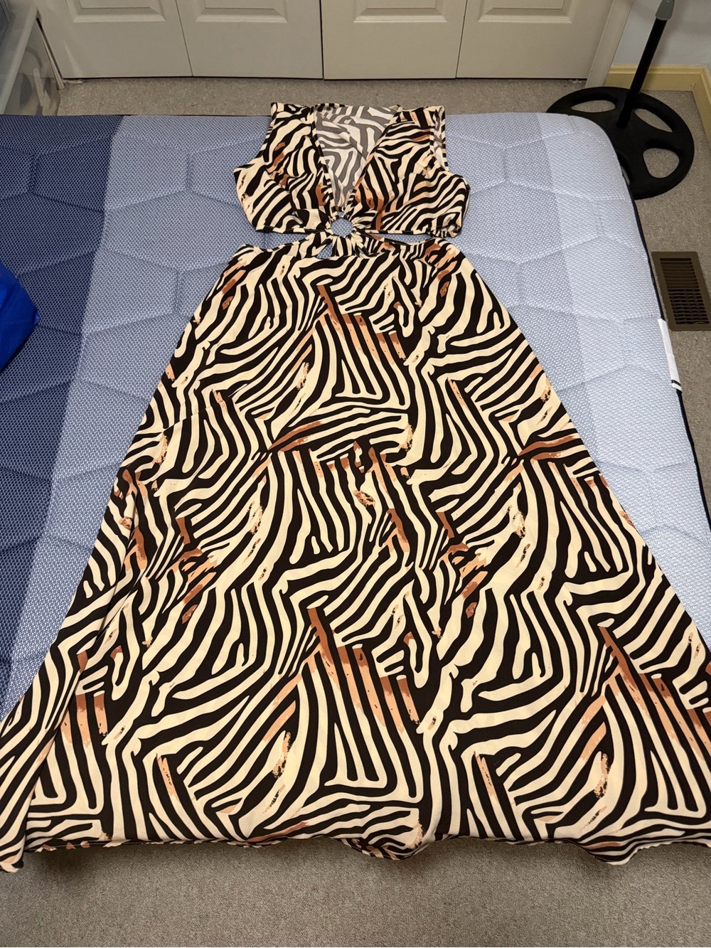 Shoe Dazzle Sleeveless Zebra-Print Maxi Dress in Cream, Black and Tan